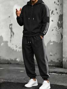 Men's Autumn/Winter Striped Hooded Zip-Up Sweatshirt And Jogger Pants 2 Pieces Set For Outdoor Workout, Fitness, Jogging - Black - View 1