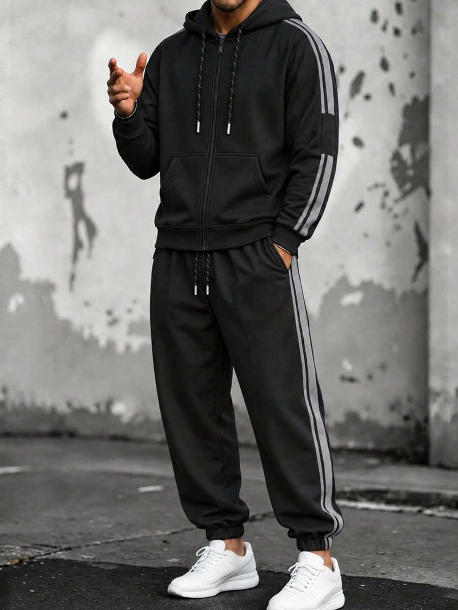 Men's Autumn/Winter Striped Hooded Zip-Up Sweatshirt And Jogger Pants 2 Pieces Set For Outdoor Workout, Fitness, Jogging - Black - View 1