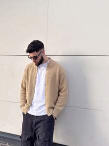 BLACKTOEXIT Men's Dropped Shoulder American Retro Minimalist Casual Daily Commute Knitted Cardigan Sweater, Autumn/Winter - Khaki - View 8