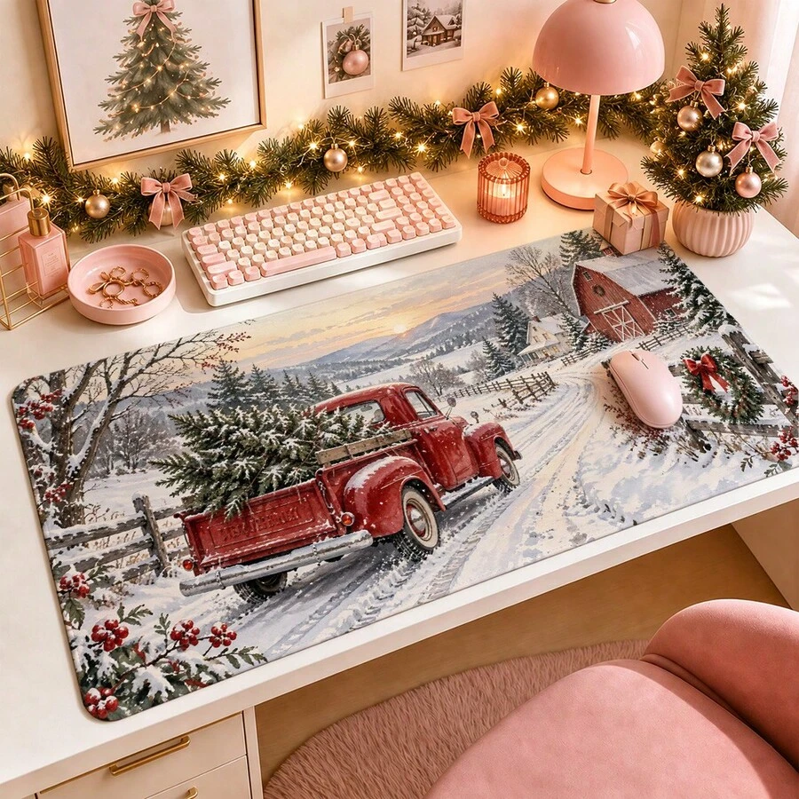 1pc Christmas Vintage Red Truck Mouse Pad, Snowy Farmhouse Winter Scene Extended Desk Mat For Home Office, Gaming And Holiday Decor - View 1