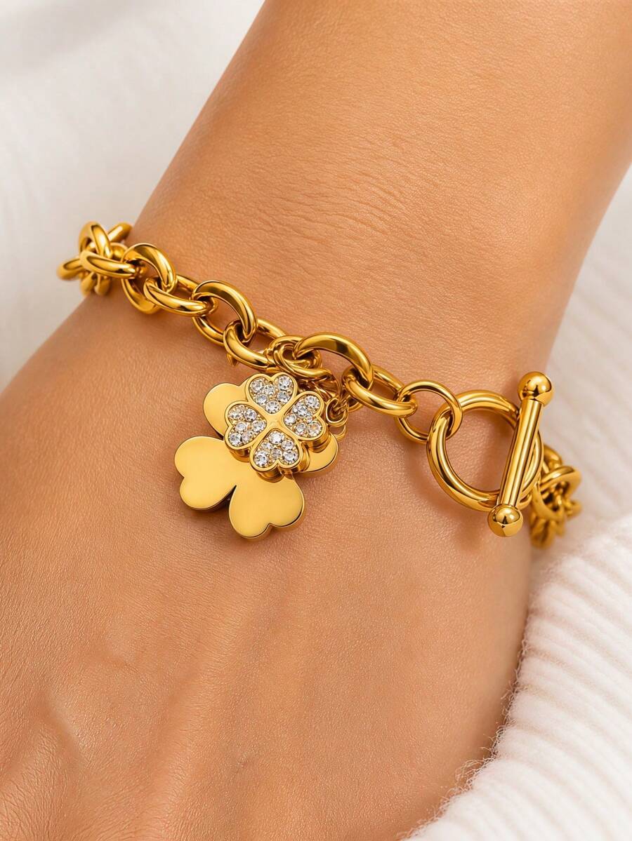 1pc Fashion Stainless Steel Toggle Chain Clover Charms Four Leaves Pendant Bracelet , Women's Charms Bracelet ,Love Bracelet For Women Daily Wear - Yellow Gold - View 1