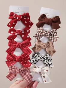 5/10/20pcs Girls Red & Brown Printed Bow Hair Clips, Simple Basic Side Clips, Back Of Head Clips, Alligator Hair Clips, Hair Accessories, Headwear, Back To School, Daily Use - Multicolor - View 6