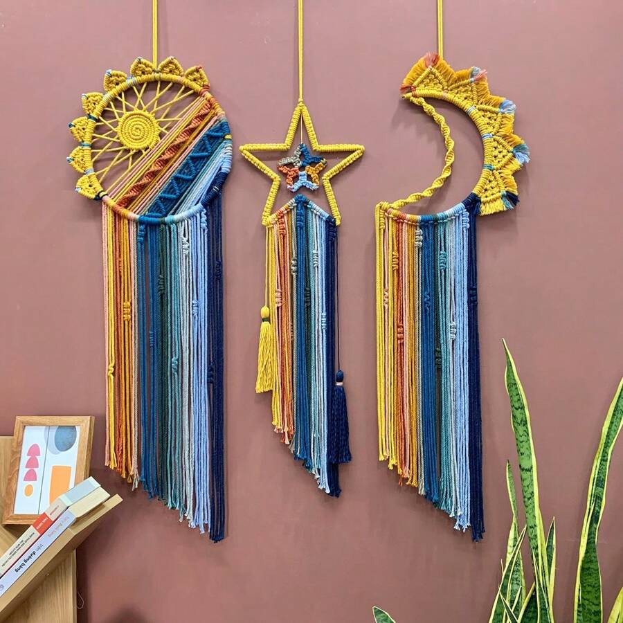 1pc Macrame Wall Hanging Bohemian Style Dream Catcher Landscape Tapestry Creative Star Moon Sun Background Wall Bed Headboard Decor - Multicolor - View 1