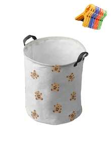Bear Pattern Printed Foldable Laundry Basket With Laundry Clips, Home Clothing Storage Bin, Breathable Fabric Dirty Clothes Basket, Bedding Clips, Suitable For Bathroom And Bedroom - Multicolor - View 14