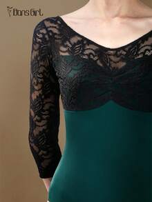DonsGirl 1pc Women's 3/4 Sleeve Lace Patchwork Ballet Leotard, Elegant Deep V-Neck Backless Sports Gymnastics Training & Performance Dance Outfit - Dark Green - View 3