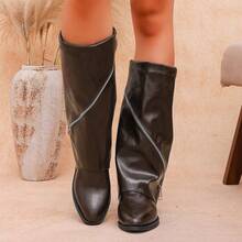 Women's Pointed Toe Ruched Mid-Calf Boots With Asymmetrical Diagonal Zipper And Metal Decor, Wide Leg Chunky Heel Boots In Dark Brown Vintage Distressed Leather, Western Style Fashion Boots For Autumn/Winter, Comfortable Sole, Easy To Wear - Brown - View 4