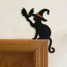 4pcs Halloween Door Corner Decor 2D Flat Black Cat With Witch Hat And Bat Silhouette Door Frame Topper For Home Party Entryway And Window Corner Decoration - A - View 4