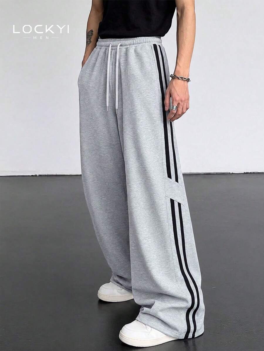 Men's Side Stripe Sweatpants, Light Gray Loose Wide Leg, Drawstring Casual Versatile Long Pants - Light Grey - View 1