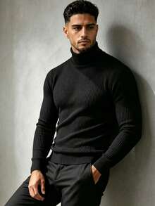 ZYNTH BALENO Men's Fashion Ribbed Turtleneck Long Sleeve Sweater, Suitable For Fitness, Running, Hiking Sports, Black - Black - View 3