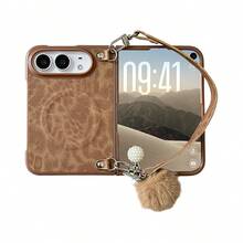 PU Leather Leopard Print Magnetic Phone Case With Fur Ball Wrist Strap [Compatible With Magsafe], Hard PC Back Plate Protective Phone Cover, Compatible With IPhone Duo - Brown - View 3