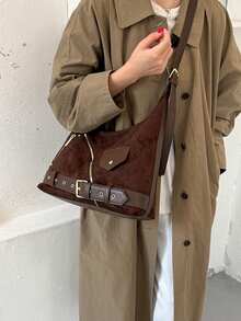 新款百搭復古女款包，美拉德風麂皮極簡主義 Hobo 托特包，大容量通勤休閒單肩包 - 咖啡 - 查看 3