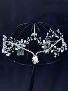1PC Pearl Rhinestone Flower Bride Hair Comb Exquisite Imitation Crystal Women Headband Suitable For Wedding Festival Party Hair Accessories - Silver - View 4