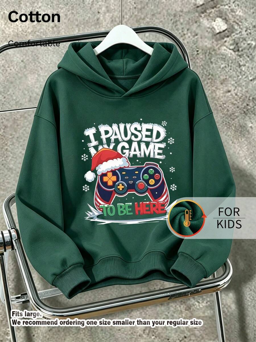 Kids Cute Long Sleeve Hoodie With Game Controller Christmas Graphic Print Casual Drawstring Pullover - Dark Green - View 1
