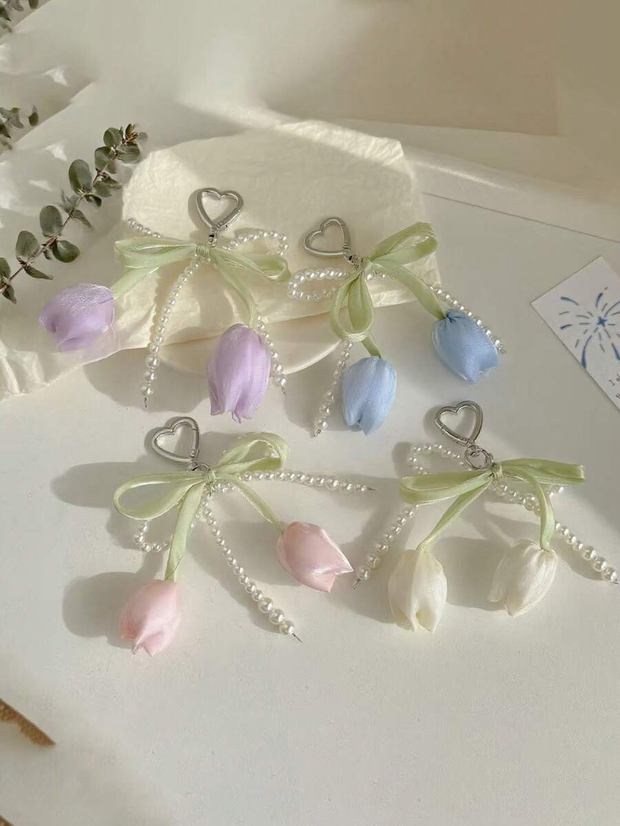Fairy Style Tulip Phone Chain, High-End Pearl Wrist Strap, Gentle Style Bag Charm Keychain - Pastel - View 1