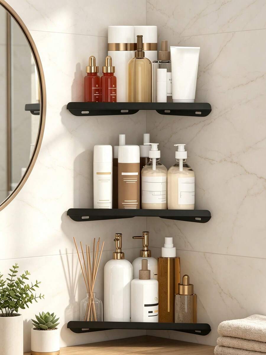 1pc No-Drill Bathroom Storage Rack, Bathroom Organizer Shelf, Wall-Mounted Corner Rack, Home Storage & Organization Supplies, Kitchen Accessories, Bathroom Accessories, Suitable For Shower Gel, Shampoo, Decorative Essentials - Multicolor - View 1