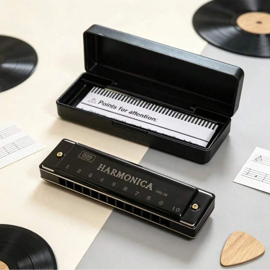 1pc 10-Hole Copper Core Blues Harmonica, Beginner Practice Musical Instrument - Black - View 1
