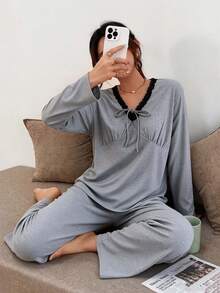 French Lace Trim V-Neck Drawstring Pajamas For Women, Ruched Bust Design, Grey Long Sleeve Sleepwear Loungewear 2 Pieces Set, Suitable For Outdoor Wear - Grey - View 1