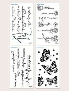 4PCS Black Minimalist Rose Heart Heartbeat Butterfly Star Pattern Party Gift DIY Holiday Gift Music Festival Temporary Waterproof Tattoo Stickers For Arm Shoulder Neck - Black - View 10