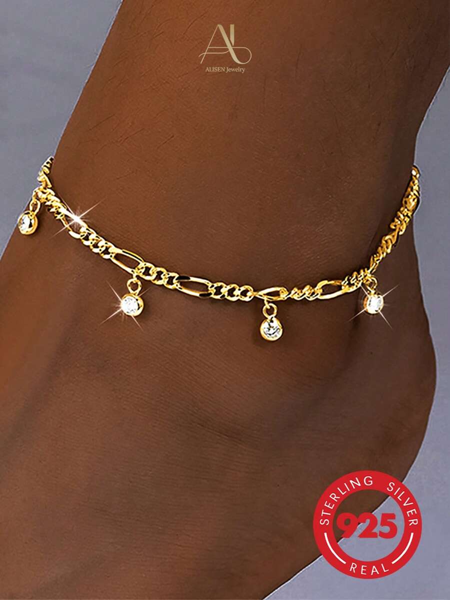 1pc Shiny S925 Sterling Silver Gold Plated Figaro Chain With 5 Bezel-Set White Zirconia Beads, Adjustable Extension Ankle Chain, Atmospheric Accessory For Women - Gold - View 1
