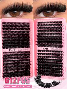 MEM 612/640/570/300pcs D-Curl Cluster False Eyelashes, 30D-150D Dense Segmented False Eyelashes, DIY Eyelash Extension Kit With Makeup Tools And 2 Brushes, Suitable For Beginners, Halloween, Christmas - Black - View 3