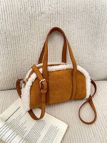 1pc Maillard Vintage Style Lamb Wool Patchwork Handbag, Adjustable Shoulder Strap Crossbody Small Bag, Lightweight Shoulder Bag. Suitable For Girls/Children/Students, Perfect For Autumn Outings, Shopping, Daily Commute. - Multicolor - View 12