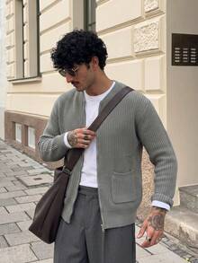 Lookun Cardigan Rajut Pria Model V-Neck Longgar Kasual Santai Minimalis Serbaguna untuk Perjalanan Musim Gugur/Dingin - Grey - View 7