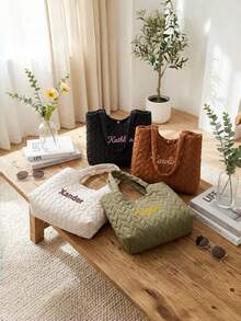 1件刺繡客製化文字冬季新款棉墊禮品袋，通勤購物肩背包，時尚菱格紋大容量純色羽絨棉休閒包，送給朋友、媽媽的新年聖誕禮物 - 彩色 - 查看 3
