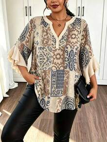 Plus Size Bohemian Vintage Print Flowy Blouse For Women With V-Neck, Short Sleeves And Ruffle Hem - Brown - View 1