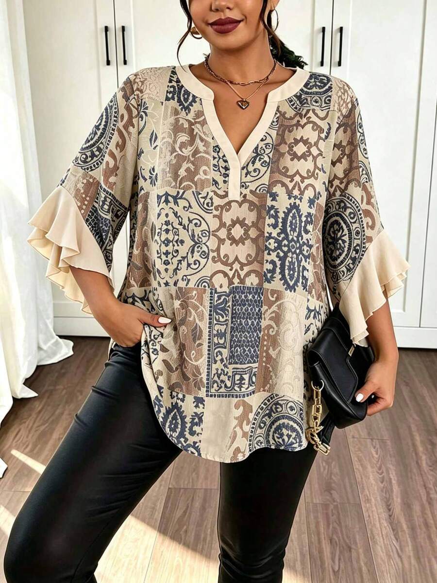 Plus Size Bohemian Vintage Print Flowy Blouse For Women With V-Neck, Short Sleeves And Ruffle Hem - Brown - View 1