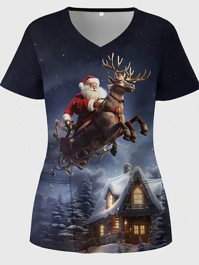 Plus Size, Christmas Element 3D Print Fashion Cute Women's Workwear, V-Neck Work Uniform With Functional Patch Pockets, High-Quality Healthcare Unifor