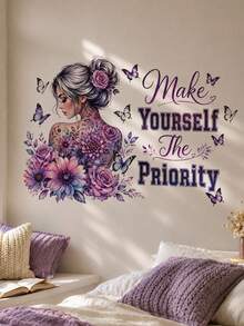 1pc Bohemian Floral Butterfly Wall Sticker, Self-Care Positive Quote Wall Decal With Elegant Woman Portrait, Self-Adhesive Art Mural For Bedroom Living Room Wall Decor, Bohemian Woman With Purple Flowers Butterfly Wall Sticker, Removable Self-Adhesive Inspirational Quote Wall Mural For Bedroom Living Room Home Art Decor - D - View 3