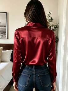 Women's Casual Vacation Daily Commute Office Solid Color Double Collar Business Shirt Blouse - Burgundy - View 3
