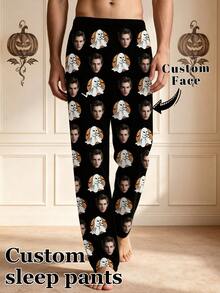 1pc Men's Customized Face Photo Halloween Ghost Moon Pattern Pajama Pants, Personalized Men's Home Sleepwear, Boyfriend Gift - Multicolor - View 2