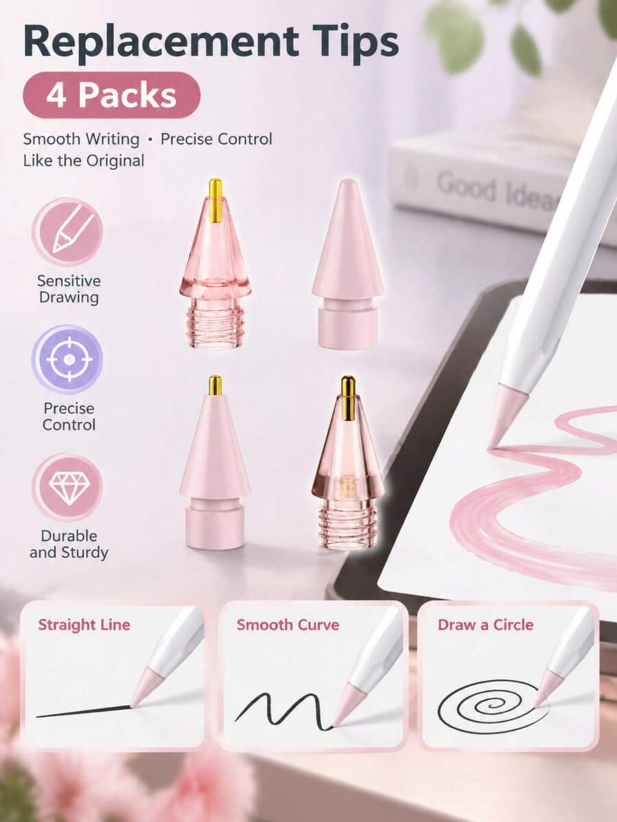 1/2/3/4pcs Replacement Tips For Apple Pencil 1st/2nd Generation, Fine Point Touch Stylus Tips, Metal Wear-Resistant Non-Slip Transparent Tips, Tablet Precise Writing And Drawing Accessories - Multicolor - View 1