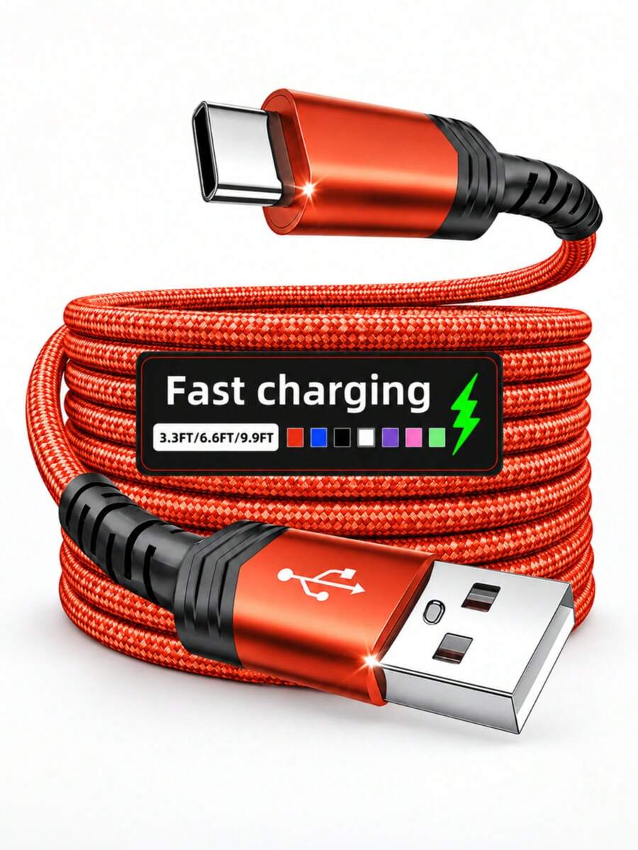 USB-C Fast Charging Cable, 3.3ft/6.6ft/9.9ft Nylon Braided, Anti Tangle Cable, Compatible With Samsung, 18/15/16 Series - Red - View 1