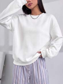 Speed mate Women's Ribbed Knit Long Sleeve Crew Neck Pullover Sweatshirt, Regular Length Polyester Top White Casual - White - View 2