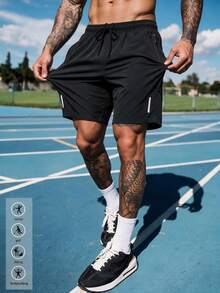 1pc Men's Sports Shorts, Lightweight Breathable Quick-Dry Elastic Workout Running Shorts, Spring/Summer Black - Black - View 2