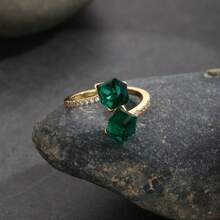 1 chiếc nhẫn đồng mạ vàng 18K đính đá Cubic Zirconia thiết kế vuông kép thời trang, phong cách tối giản unisex cao cấp sang trọng, phụ kiện đa năng cho đi làm, hẹn hò, đeo hàng ngày, trang sức không phai màu - Vàng - Xem 1