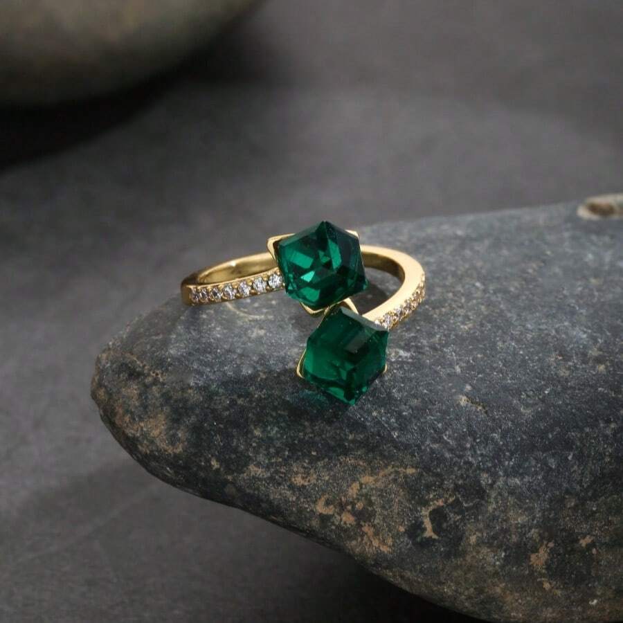 1 chiếc nhẫn đồng mạ vàng 18K đính đá Cubic Zirconia thiết kế vuông kép thời trang, phong cách tối giản unisex cao cấp sang trọng, phụ kiện đa năng cho đi làm, hẹn hò, đeo hàng ngày, trang sức không phai màu - Vàng - Xem 1