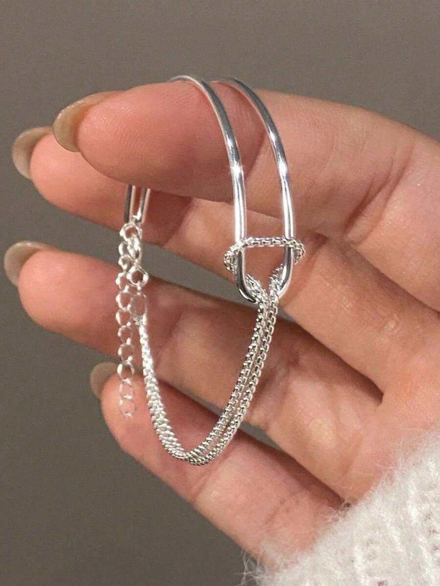 1 buah Gelang Rantai Setengah Sambungan Tabung Melengkung Dua Lapis Asimetris Minimalis Niche & Berbentuk Bintang - Antique Silver - View 1