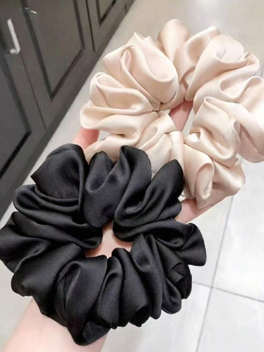 2pcs Large Satin French Style Big Round Hair Scrunchies, Solid Color French Style Hair Ties - Multicolor - View 1