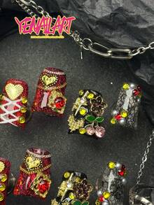 10片手工全包短款鴨嘴穿戴甲,黑色秋季假指甲,手繪線條、蕾絲花紋、3D花朵、櫻桃、愛心裝飾,龐克Y2K風格,附果凍膠與指甲锉,適合日常角色扮演、宴會、主題派對 - 黑色 - 查看 6