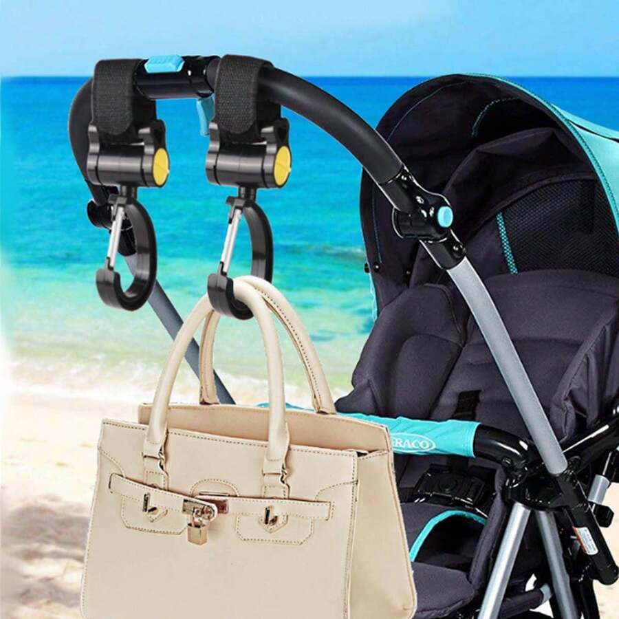 1/2pcs Drill-Free Reusable Multi-Function Stroller Hooks With Hook And Loop, 360° Rotating Heavy Duty Universal Stroller Carabiner Clips, Essential Travel Stroller Accessories For Shopping Bags, Diaper Bags, Grocery Bags - Multicolor - View 1