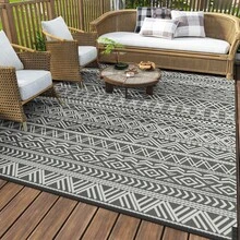 Outdoor Rug, Flatweave Texture, With Crease, Suitable For Patio, Balcony, Front Porch, Backyard, Courtyard, Bohemian Style, Gray And White - Grey Bohemian - View 1