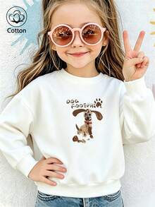 Kids Crewneck Sweatshirt With Cute Cartoon Dog Print And 'DOG FOOTPRINT' Text, Casual White Cotton Pullover For Children - White - View 9
