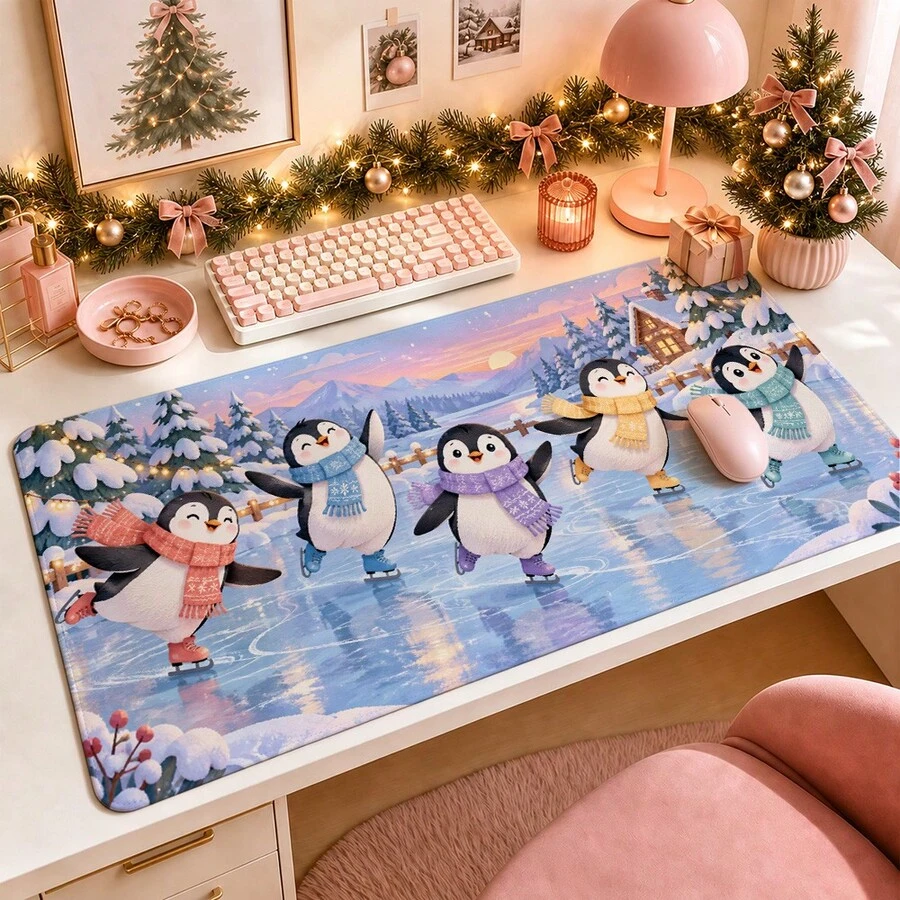 1pc Christmas Penguin Ice Skating Mouse Pad, Winter Snowy Mountain Scene Extended Desk Mat For Home Office, Gaming And Holiday Decor - View 1