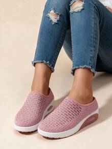 Women's Summer Mesh Slip-On Mule Slippers, Air Cushion Rocker Sole, Breathable Thick Platform Height-Increasing Fashion Casual Slides - Pink - View 3