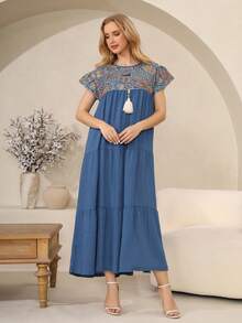 ASBB Shrot Sleeve Loose Fit Round Neck For Women,Woven Embroider Elegant Modest Abaya Long Dress, Suitable For Fall, Holiday And Daily Wear - Blue - View 6