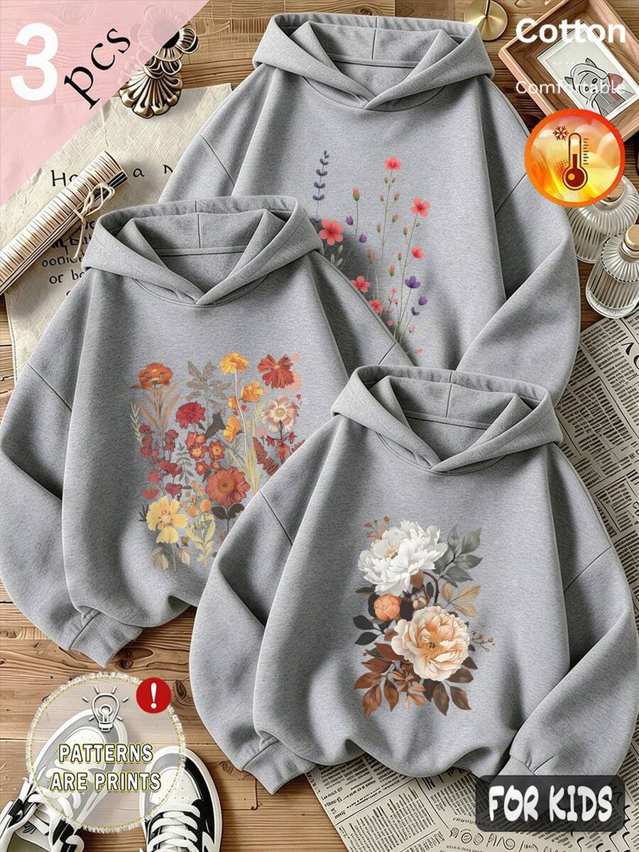 Autumn/Winter 3 Pieces Set Girls' Hooded Fleece Sweatshirt Grey Long Sleeve Colorful Floral Print Soft Y2K Style - Heather Gray+Heather Gray+Heather Gray - View 1