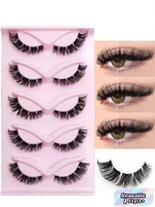 5 Pairs Cat Eye False Eyelashes, Fluffy & Soft, Transparent Band, Natural Long Style With Winged Tail, Elongating Eye Shape - Black - View 1
